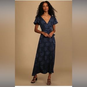 Lulu’s Compelling Love Navy Blue Jacquard Short Sleeve Maxi Dress